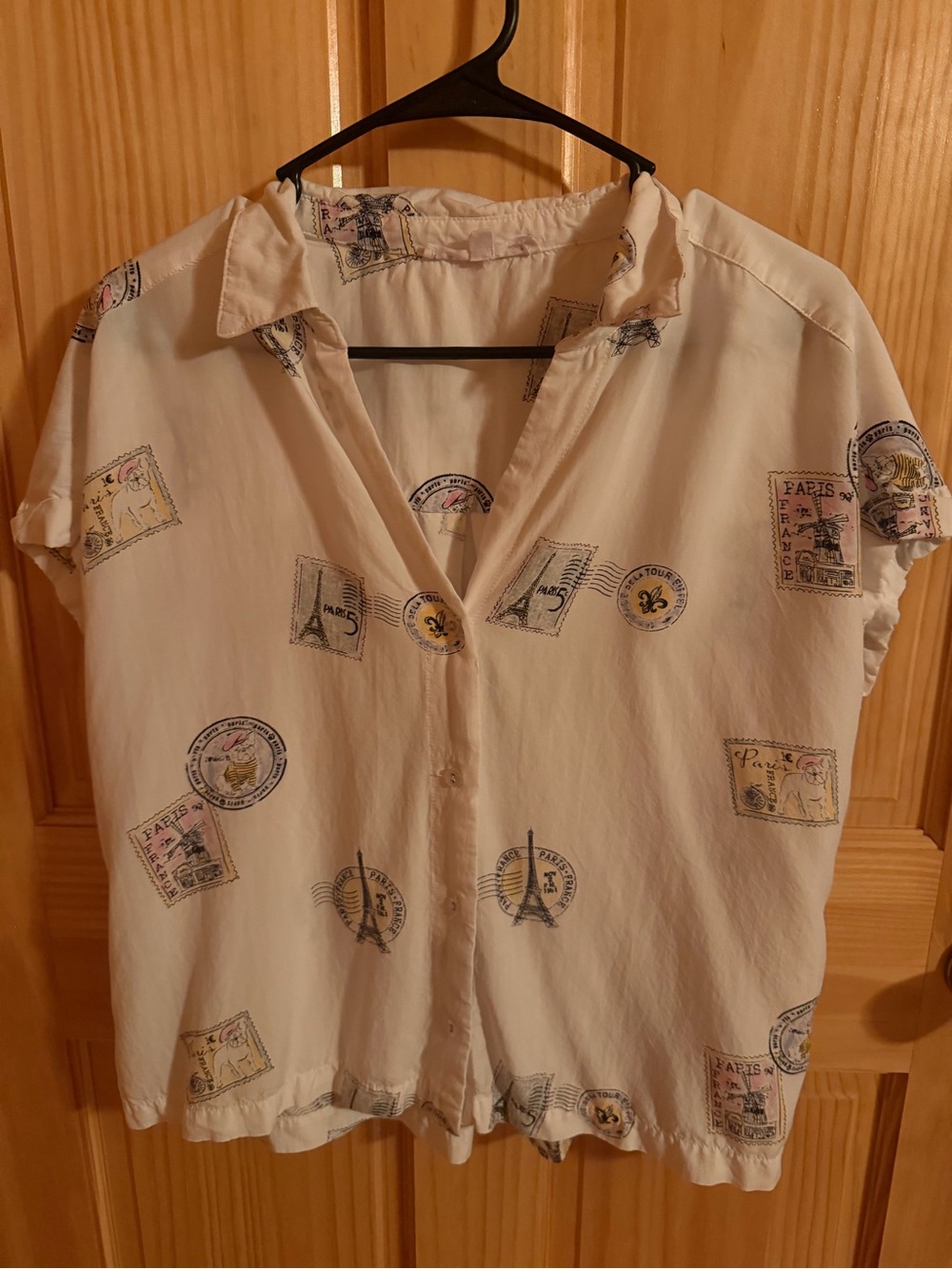 Classic White Short-Sleeve Button Front Blouse with Paris Stamp Print